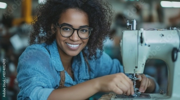 Obraz Smiling Seamstress Working on Sewing Machine