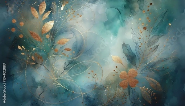 Fototapeta Artistic watercolor background in teal with hints of gold leaf accents,elegant and modern botanical design
