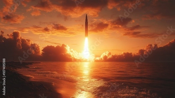 Fototapeta A rocket launch at sunset over the ocean with dramatic clouds.