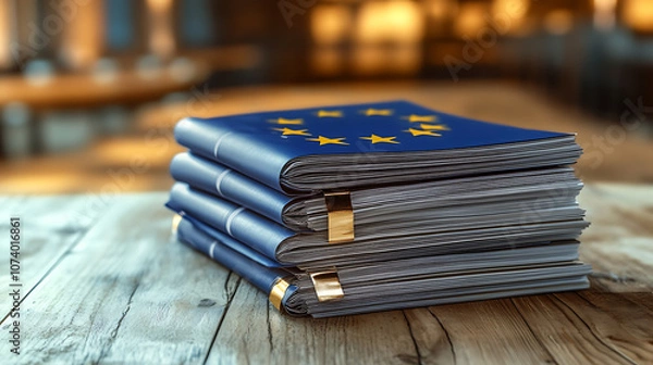 Fototapeta A stack of documentation on a wooden table with written AI regulation, highlighting EU laws and policies aimed at ensuring AI safety and ethical standards in technology development