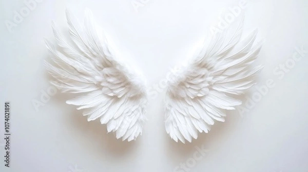 Fototapeta Feathered Angel Wings Made From White Feathers Forming Fluffy Celestial Wings Icon Or Frame Isolated On White Background