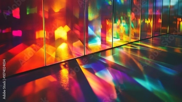 Fototapeta Rainbow Colored Light Illuminating Glass Forming A Stunning Abstract Geometric Pattern On Another Glass And A Dark Surface