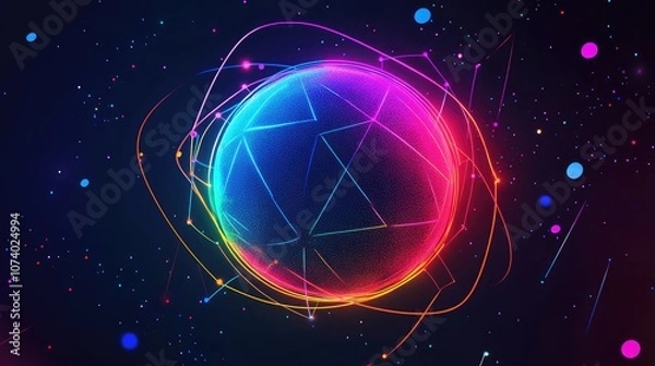 Fototapeta Cylindrical Sphere Surrounded By Laser Lines And Geometric Polygon Designs Neon Colors On A Black Background 3D Render Ai Generative
