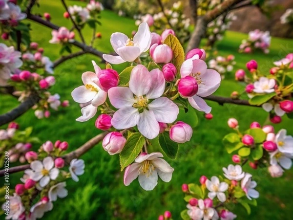 Fototapeta Aerial View of a Blossoming Apple Tree Twig Surrounded by Lush Greenery, Capturing the Beauty of Spring in a Scenic Landscape from Above