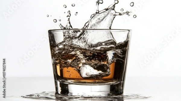 Fototapeta Horizontal close-up of a water splash bursting from a glass, droplets hanging in mid-air on a white background