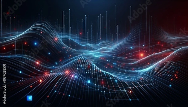 Obraz Abstract digital landscape with glowing particles and lines.
Medium