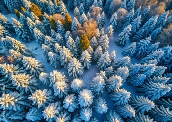 Fototapeta Aerial View of a Stunning Snowy Winter Forest with Frozen Trees Captured in Candid Photography, Showcasing Nature’s Beauty in a Serene Winter Wonderland