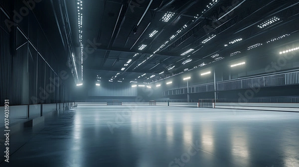 Fototapeta Empty ice hockey rink in indoor arena with spotlights 3d rendering of sports venue
