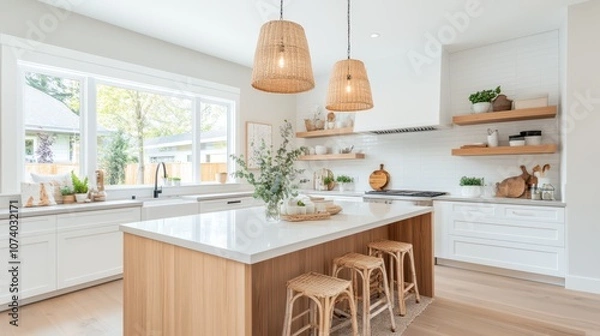 Obraz Stylish modern kitchen with gray countertops and warm wooden accents in a light-filled space