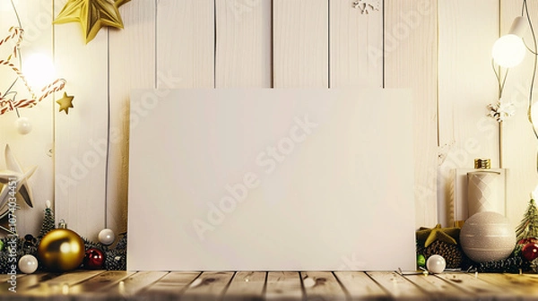 Fototapeta Holiday Greeting Card Mockup. A blank holiday card placed on a wooden surface with festive decor around, ideal for designers