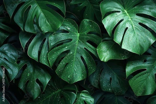 Fototapeta Lush Green Monstera Leaves with Water Droplets