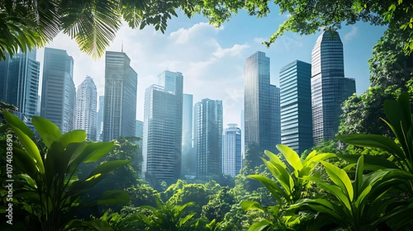Fototapeta A bustling urban cityscape featuring a vibrant business district with towering skyscrapers, framed by lush green plants, highlighting the harmony between nature and urban development