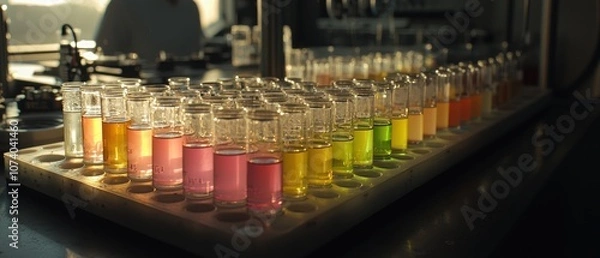 Obraz A Row of Test Tubes Filled with Colorful Liquids in a Laboratory Setting