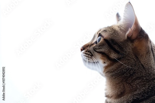 Fototapeta the beside view Bengal cat standing, left side view, low angle, white copy space on right, Isolated on White Background