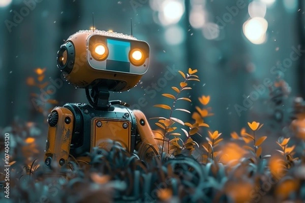 Fototapeta A whimsical robot exploring a colorful forest, surrounded by vibrant foliage and enchanting lighting. Nature meets technology.