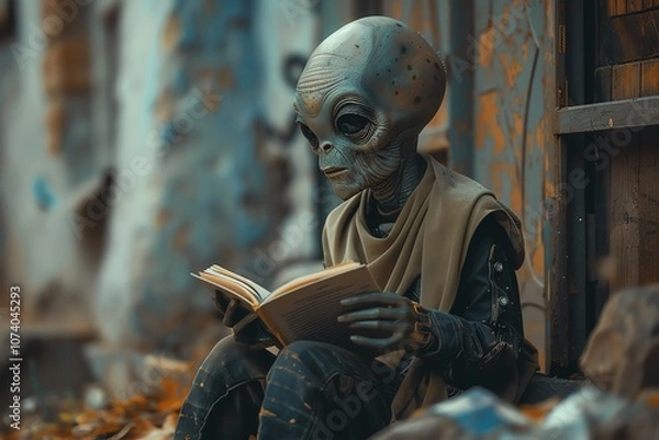 Fototapeta An alien creature seated in an abandoned space, engrossed in reading a book, blending curiosity with a desolate environment.