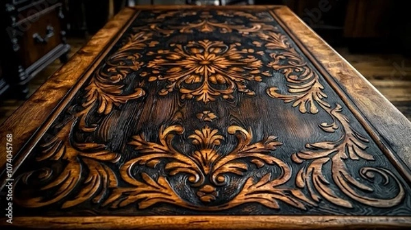Fototapeta Ornate wooden table with intricate carvings and a rich finish.