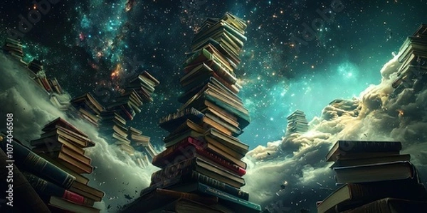 Obraz A Tower of Books Rising Through Clouds into a Starry Sky