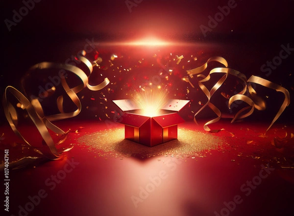 Fototapeta A red gift box with golden confetti and ribbons exploding from it against a red background.