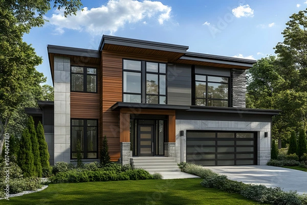 Fototapeta Neighborhood Real Estate Image - Modern two-story house with a mix of wood and stone elements, surrounded by greenery.
