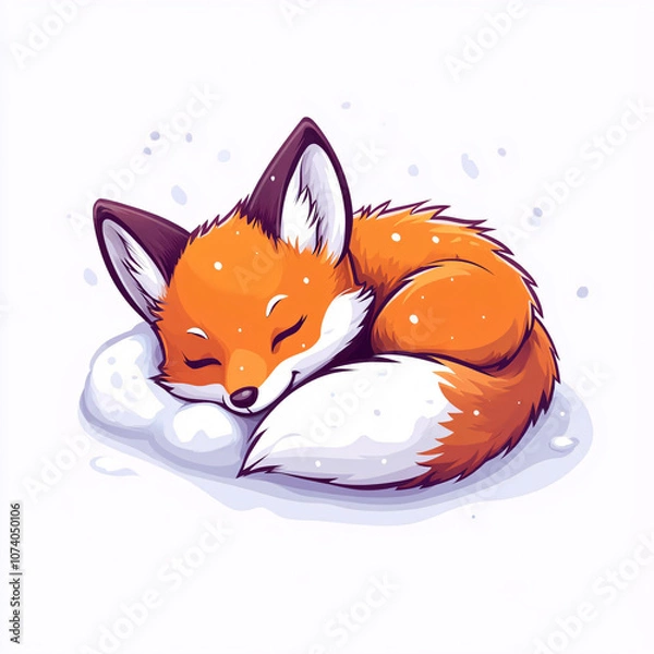 Fototapeta A cute, cartoon-style fox curled up and sleeping on a snowy surface, exuding warmth and coziness in a winter scene.
