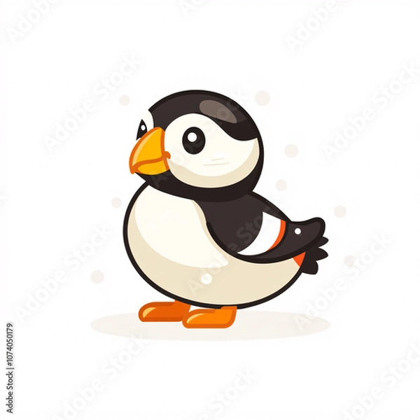 Fototapeta A cute, cartoon-style puffin with a black and white body, orange beak, and bright orange feet, set against a simplistic background.