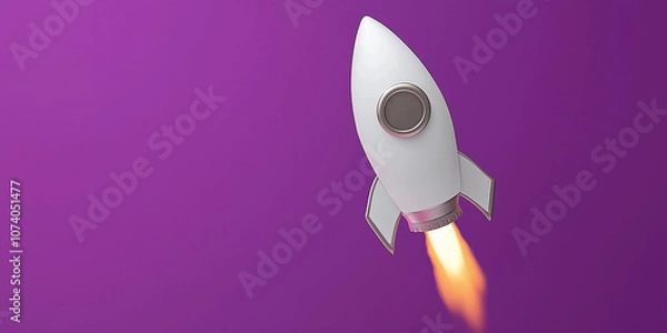 Fototapeta Toy rocket taking off on purple background. Imagination or entrepreneurship concept