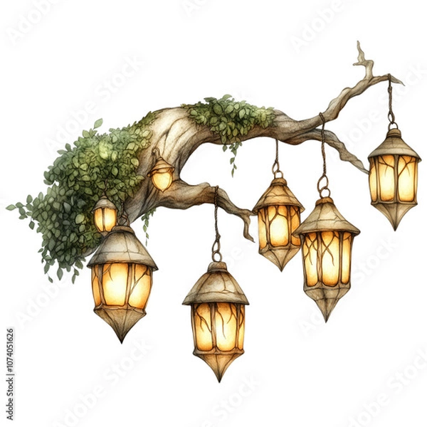 Fototapeta A Set of Glowing Elven Lanterns Hanging from Tree Branches