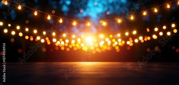 Fototapeta A warm, glowing ambiance created by hanging neon lights marquee during a summer evening gathering, inviting a sense of joy and celebration.