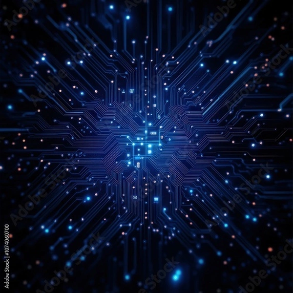 Fototapeta Abstract blue circuit board pattern with glowing lights, representing digital technology.