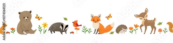 Obraz Vector seamless border of cute forest animals, butterflies, flowers and mushrooms. Set of woodland animal characters isolated on white background. 