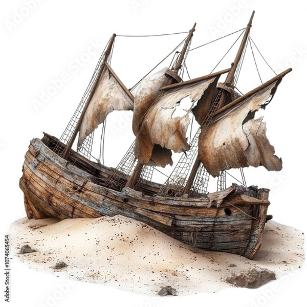 Fototapeta Weathered pirate shipwreck stranded on sandy shore, depicting adventure and mystery of the sea in an artistic illustration.