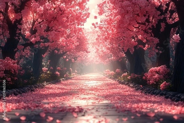 Obraz A Pathway Through a Cherry Blossom Tunnel, Sunlight Illuminating the Way