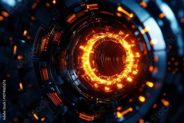 Fototapeta Futuristic abstract technology design with glowing orange lights and circular patterns.