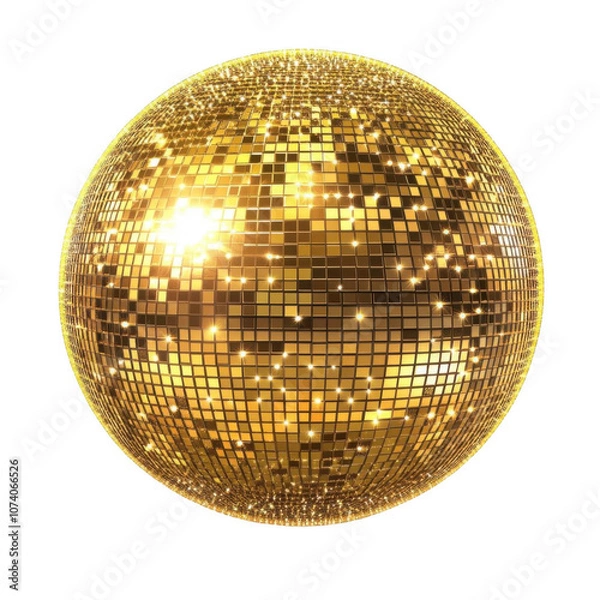 Fototapeta Gold disco ball on white background, shimmering and reflective.