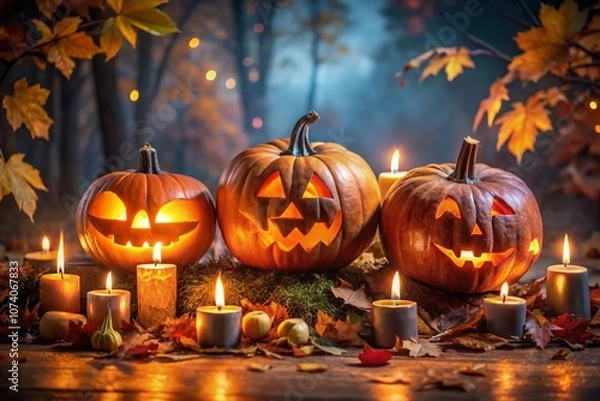 Fototapeta Captivating Real Jack O' Lanterns for Halloween: A Stunning Display of Carved Pumpkins Illuminated Against a Dark Autumn Background, Perfect for Seasonal Decor and Festive Celebrations