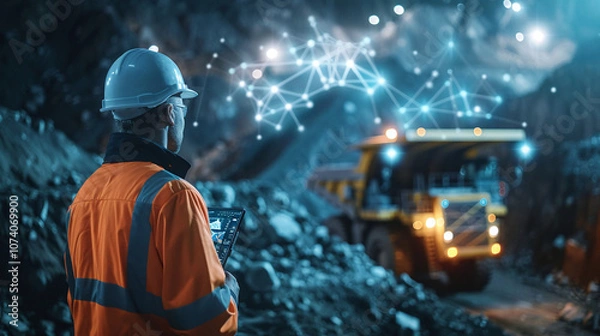 Obraz A Coal Miner Using a Tablet to Monitor Equipment Performance While Overseeing a Mining Operation in an Underground Site Illuminated by Artificial Lights