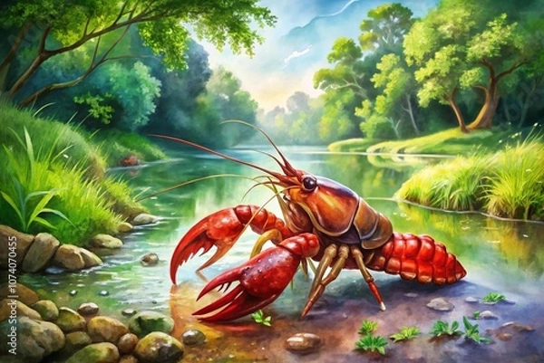 Fototapeta Captivating Watercolor Artwork of Crawfish in a Vibrant Southern Setting, Showcasing Rich Textures and Fluid Colors with a Focus on Nature's Bounty and Culinary Delights