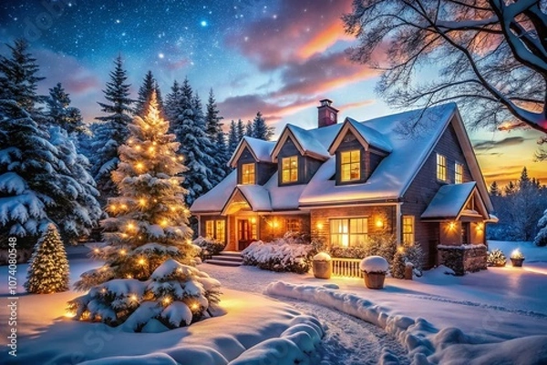 Fototapeta Cozy Winter Wonderland: A Charming House Blanketed in Snow, Embracing the Spirit of Christmas with Warm Lights and a Serene Atmosphere Perfect for Holiday Celebrations