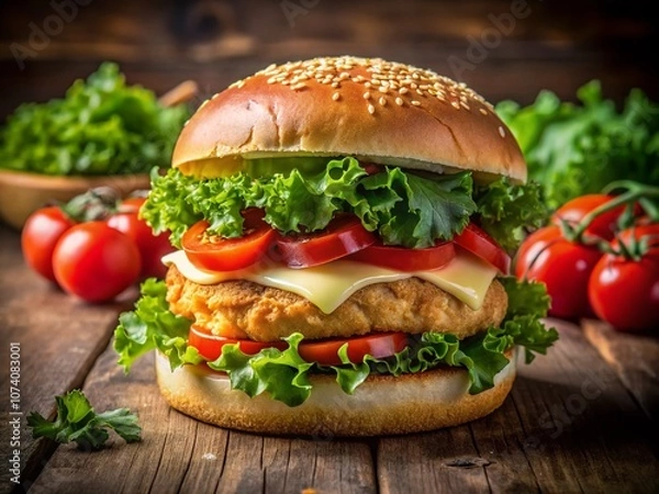 Obraz Delicious Macro Photography of a Juicy Chicken Burger Sandwich with Fresh Tomatoes, Melted Cheese, and Crisp Lettuce, Perfect for Food Lovers and Culinary Enthusiasts