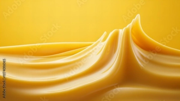 Fototapeta Smooth, creamy yellow substance with gentle waves, resembling melted cheese or butter, set against a matching yellow background