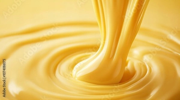 Fototapeta Close-up of smooth, creamy liquid in a rich yellow color, captured mid-pour with gentle ripples forming on the surface, showcasing a thick, flowing texture