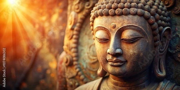 Fototapeta A serene face of a Buddha statue, with eyes closed,  and golden rays of sunlight casting a warm glow over the ancient sculpture.