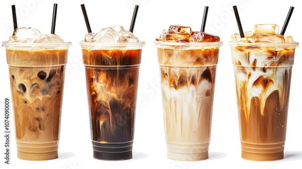 Fototapeta Four Refreshing Iced Coffee Drinks in Clear Cups on a White Background Generative AI