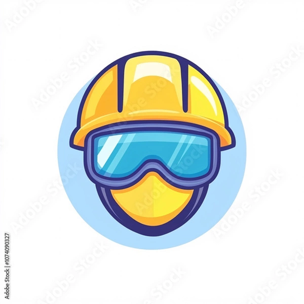 Fototapeta A cartoon-style image of a worker wearing a yellow hard hat and protective goggles against a light blue background.
