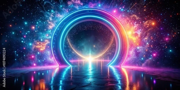 Fototapeta Enchanting Glowing Neon Portal with Sparkly Effects Illuminating a Dark Room for Urban Fantasy and Sci-Fi Inspired Night Photography