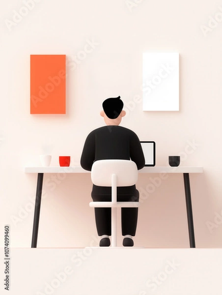 Fototapeta Minimalistic illustration of a person working at a desk with a laptop, featuring a clean background and simple decor elements, representing work-from-home or office setting.