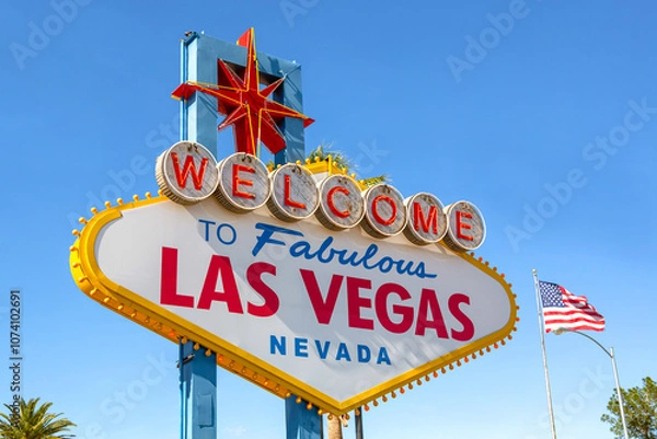 Obraz Welcome to Las Vegas sign. Welcome to Fabulous Las Vegas sign by day, Nevada. Welcome to Las Vegas, street sign in blue sky. Welcome sign at the start of the famous Las Vegas Strip.