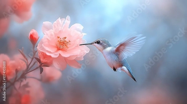 Fototapeta Hummingbird delicately sips nectar from a blooming flower in nature's vibrant display