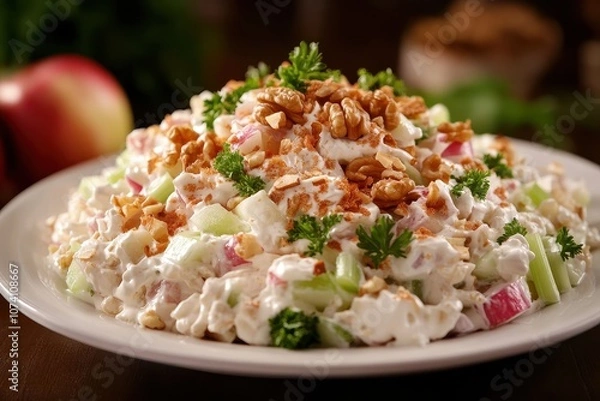 Fototapeta Traditional Waldorf salad with apples celery walnuts grapes and a mix of mayo and whipped cream presented on a white plate against a brown backdrop